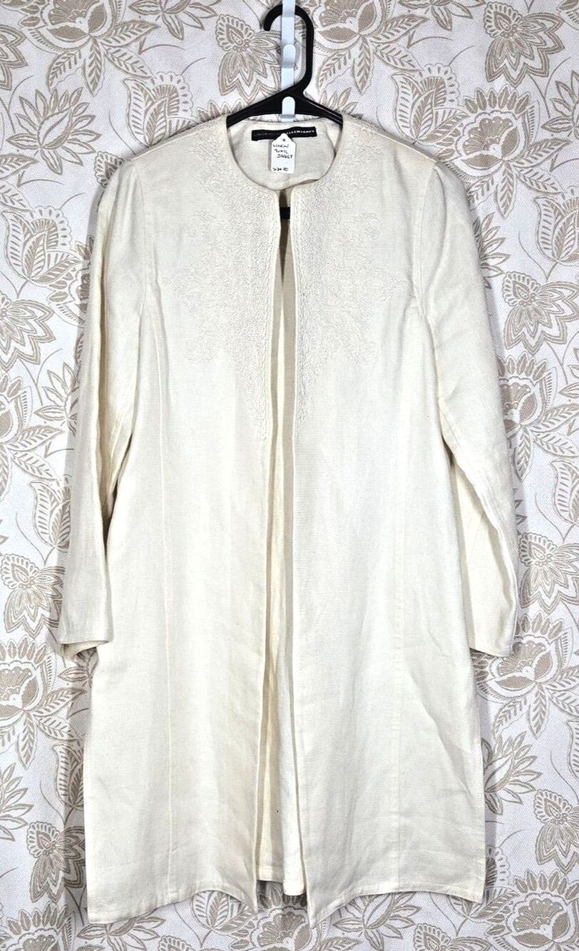 LINDA ALLARD ELLEN TRACY LINEN LONG TUNIC OPEN JACKET 10 EMBROIDERY NERU RARE